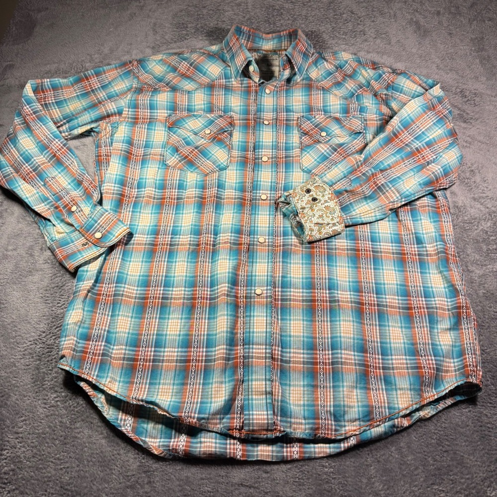 Rough Stock Panhandle Slim Men L Turquoise Orange Plaid Western Pearl Snap Shirt